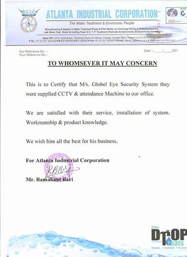 Signed letter from Atlanta Industrial Corporation confirming CCTV and attendance machine installation by Global Eye Security Systems